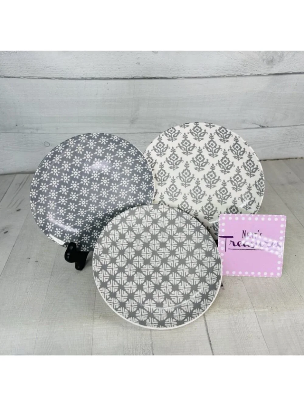 Mainstays Gray & White ABSTRACT FLORAL MIX MATCH Ceramic Lunch Salad Plate Set 3